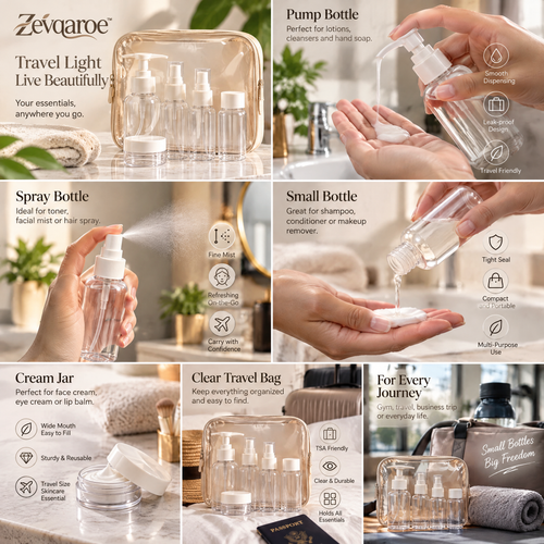 Zevqaroe™ Clear Travel Toiletry Bottle & Container Set