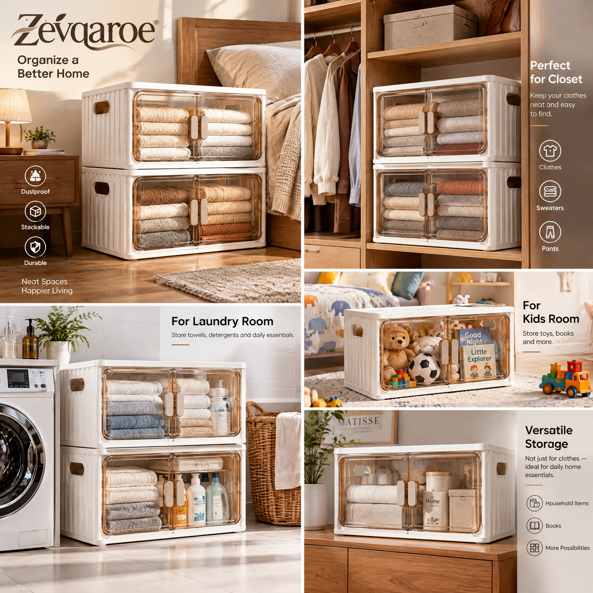 Zevqaroe™ Stackable Clear-Front Storage Organizer